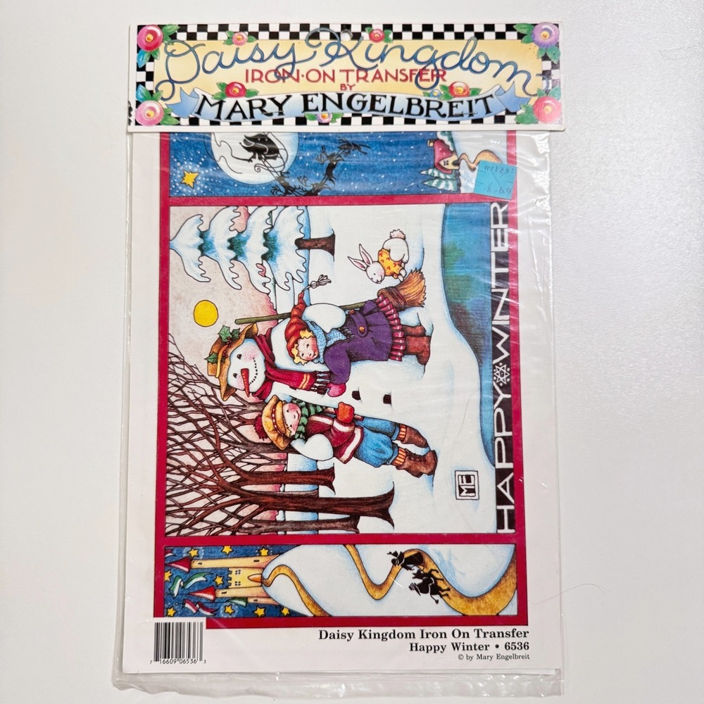Vintage 1990 MARY ENGELBREIT Daisy Kingdom Iron-On Transfer Happy Winter 6536
